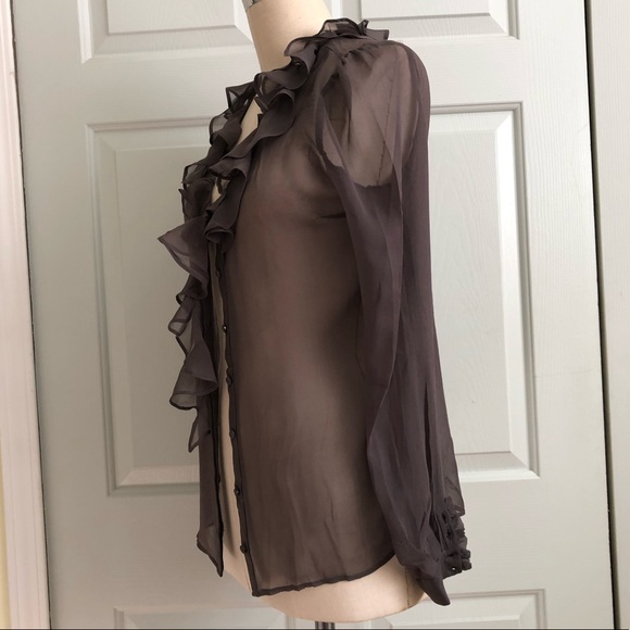 NWT Isabel Lu 💯 Silk Ruffle Sheer Covered Buttons Top Charcoal Size M - Picture 6 of 16